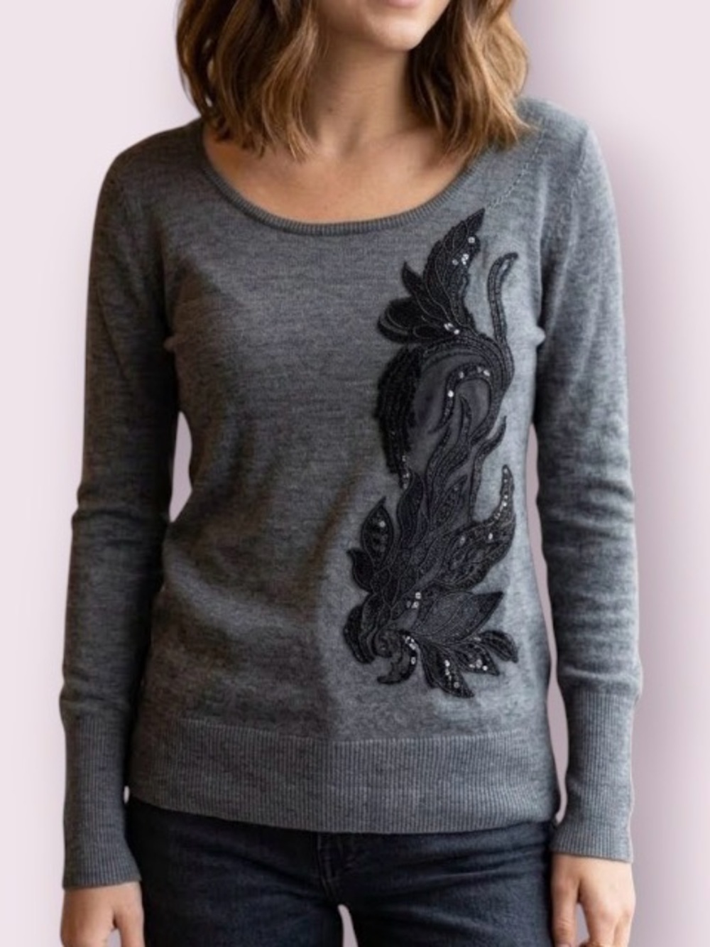 Anthropologie Angel of The North Tie Back Appliqué Front Wool Blend Sweater Gray